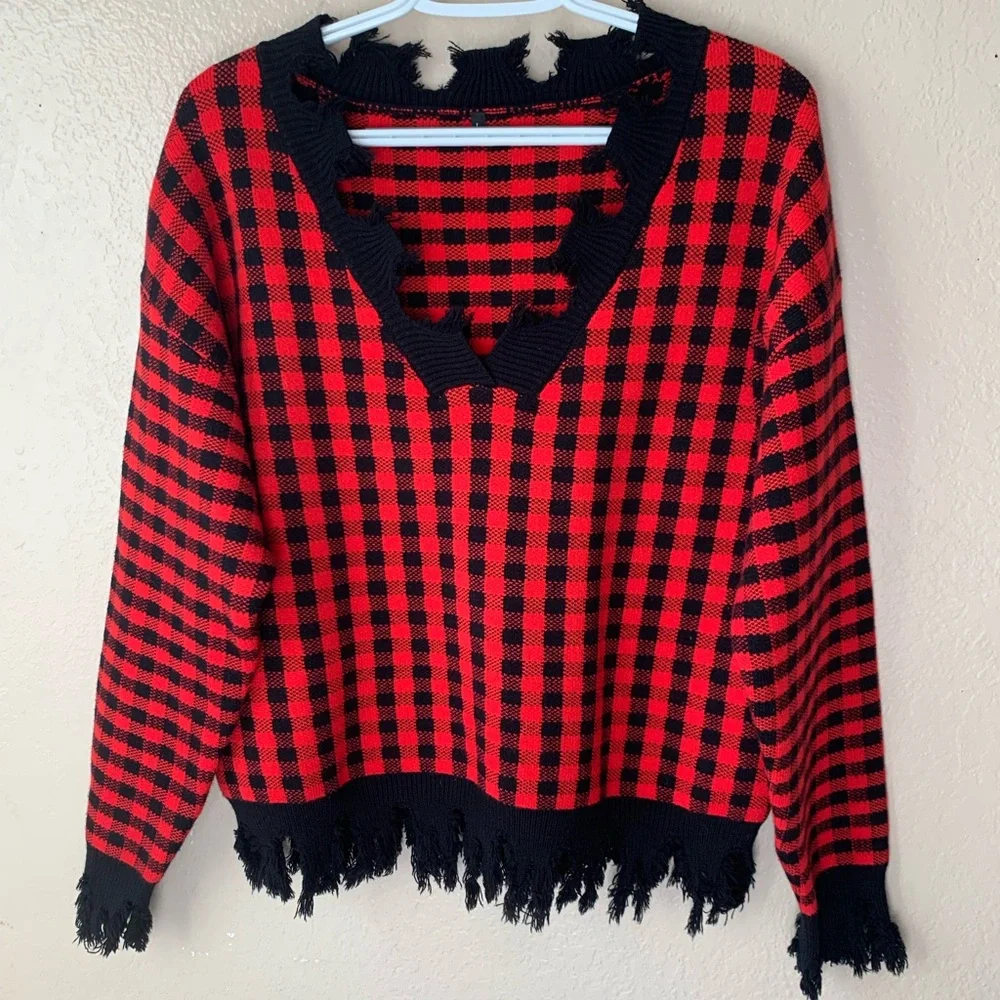 Beauts & Beaus Red Black Plaid Distressed V-Neck Boho Grunge Sweater Size L
